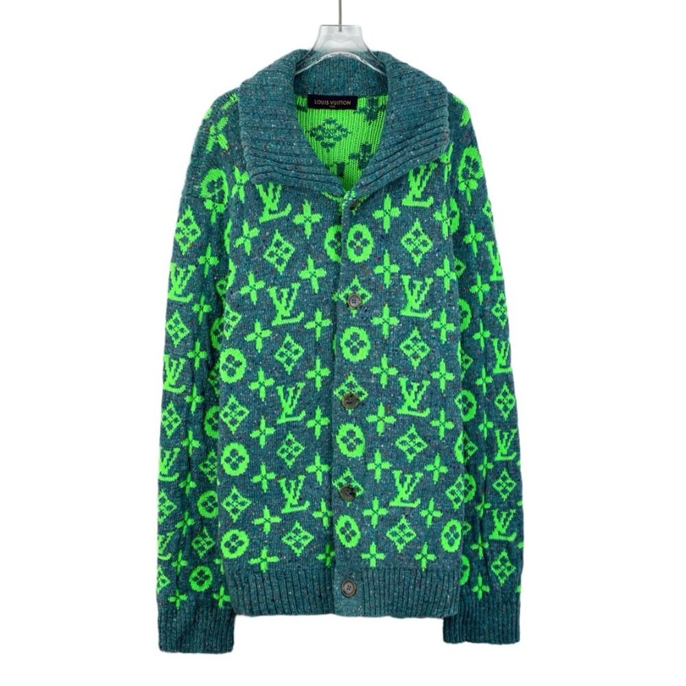 Louis Vuitton 2022 Color-block monogram logo print wool knit cardigan